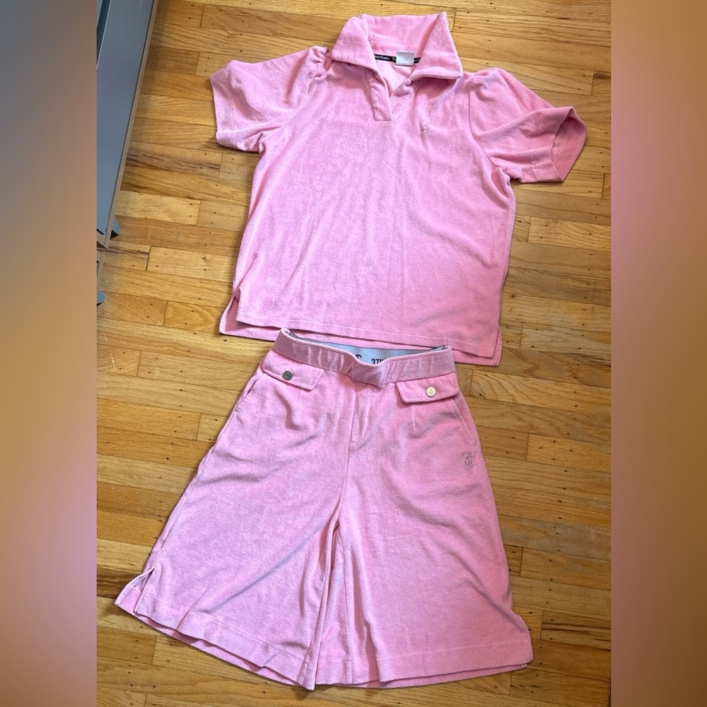 Juicy Couture Terry Track Suit 2 pc Set Hoodie Top Capri Crop Pants Pink S/m